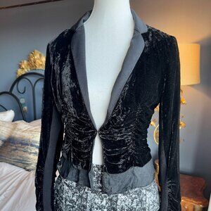 BCBG Black Ruched Velvet Fitted Blazer Jacket